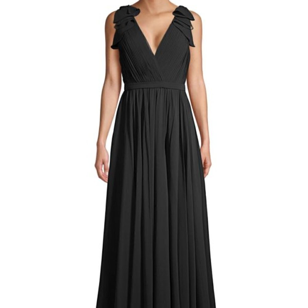 Basix Ruffled Shoulder Gown Size 14 Black Flowing Formal Dress Black Tie